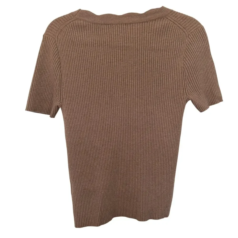 J.Crew (S) Brown Ribbed Scallop Trim Short Sleeve Cardigan Top Quiet Luxury Look